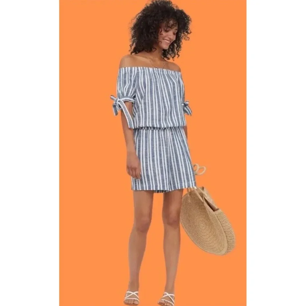 H&M Blue & White Stripe Linen Blend Off The Shoulder Shorts‎ Romper Size 0